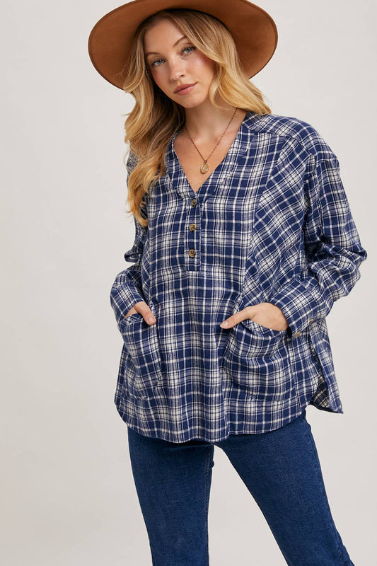 OVERSIZED PLAID BUTTON FRONT V-NECK SHIRT WITH POCKETS