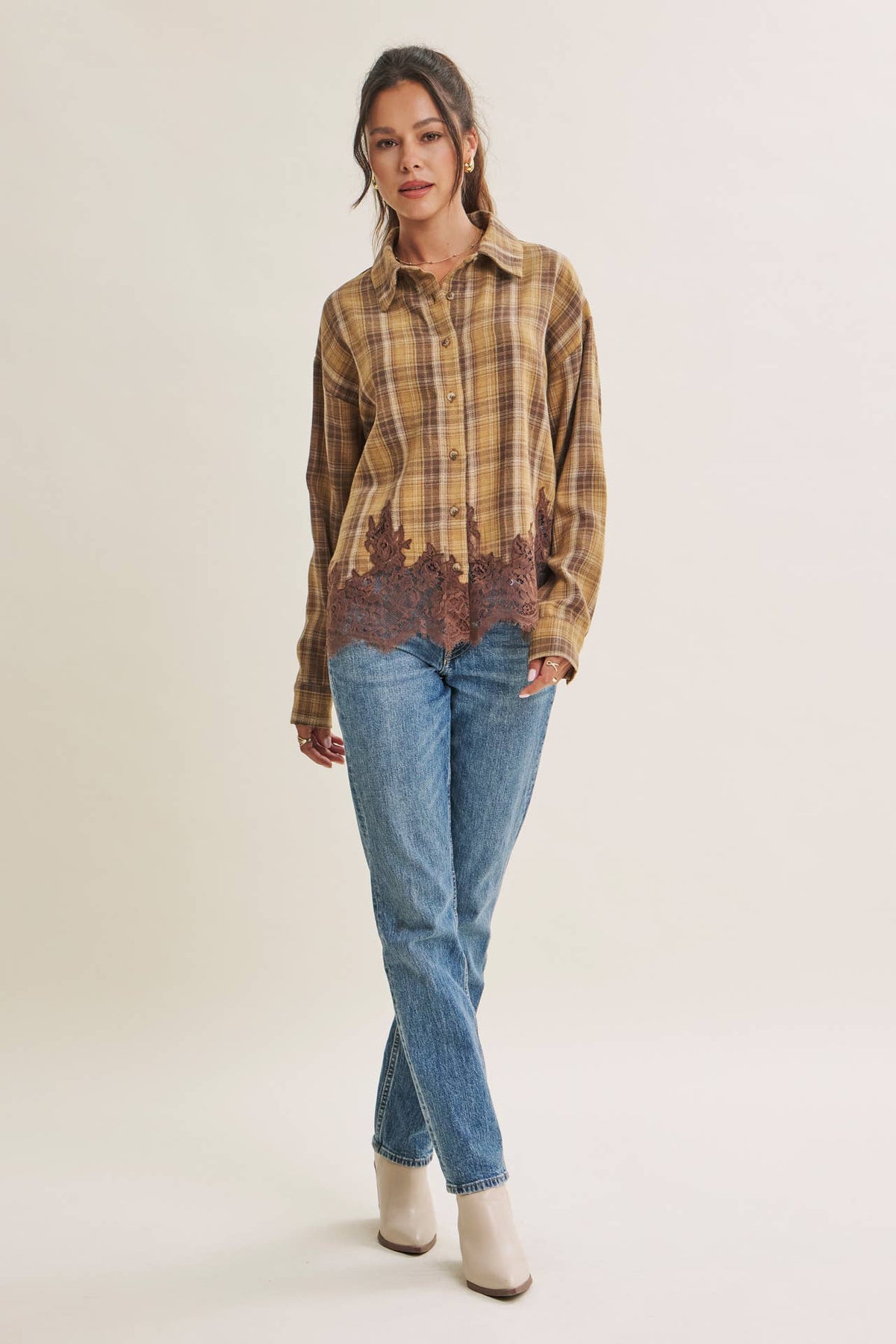 WESTERN ROMANTIC PLAID EYELASH LACE HEM BUTTON-DOWN SHIRT