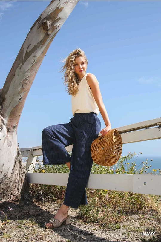 Navy Linen Pinstripe Pants