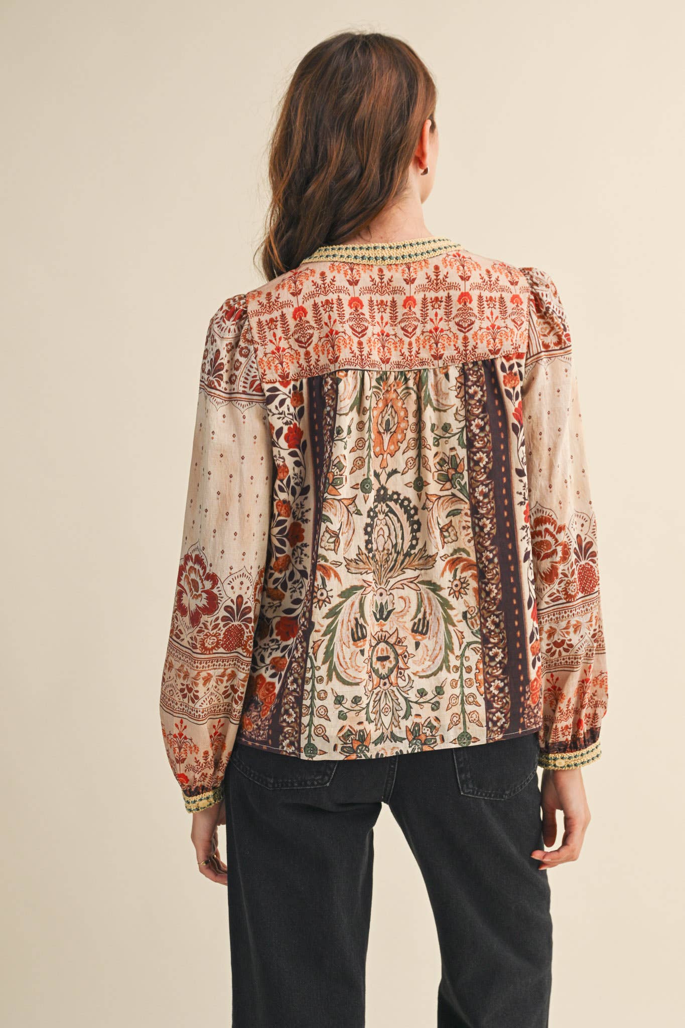 PATCHWORK PRINT CROCHET TRIM BUTTON DOWN TOP MTP4382
