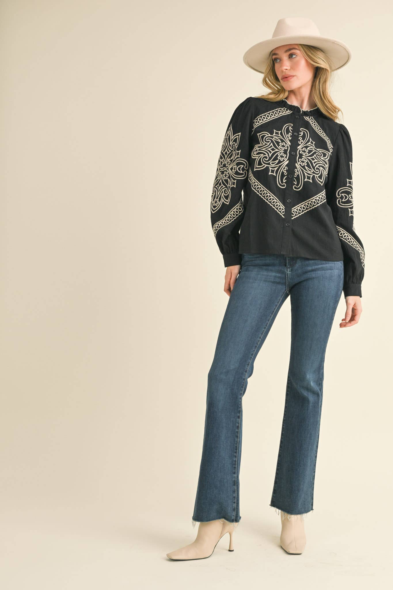 EMBROIDERED MOCK NECK BUTTON UP TOP MTP3336