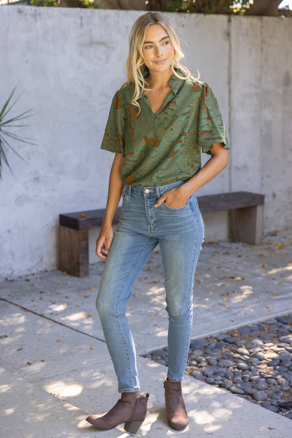 Emerald and Brown Ruffled V-Neck Floral Burnout Top