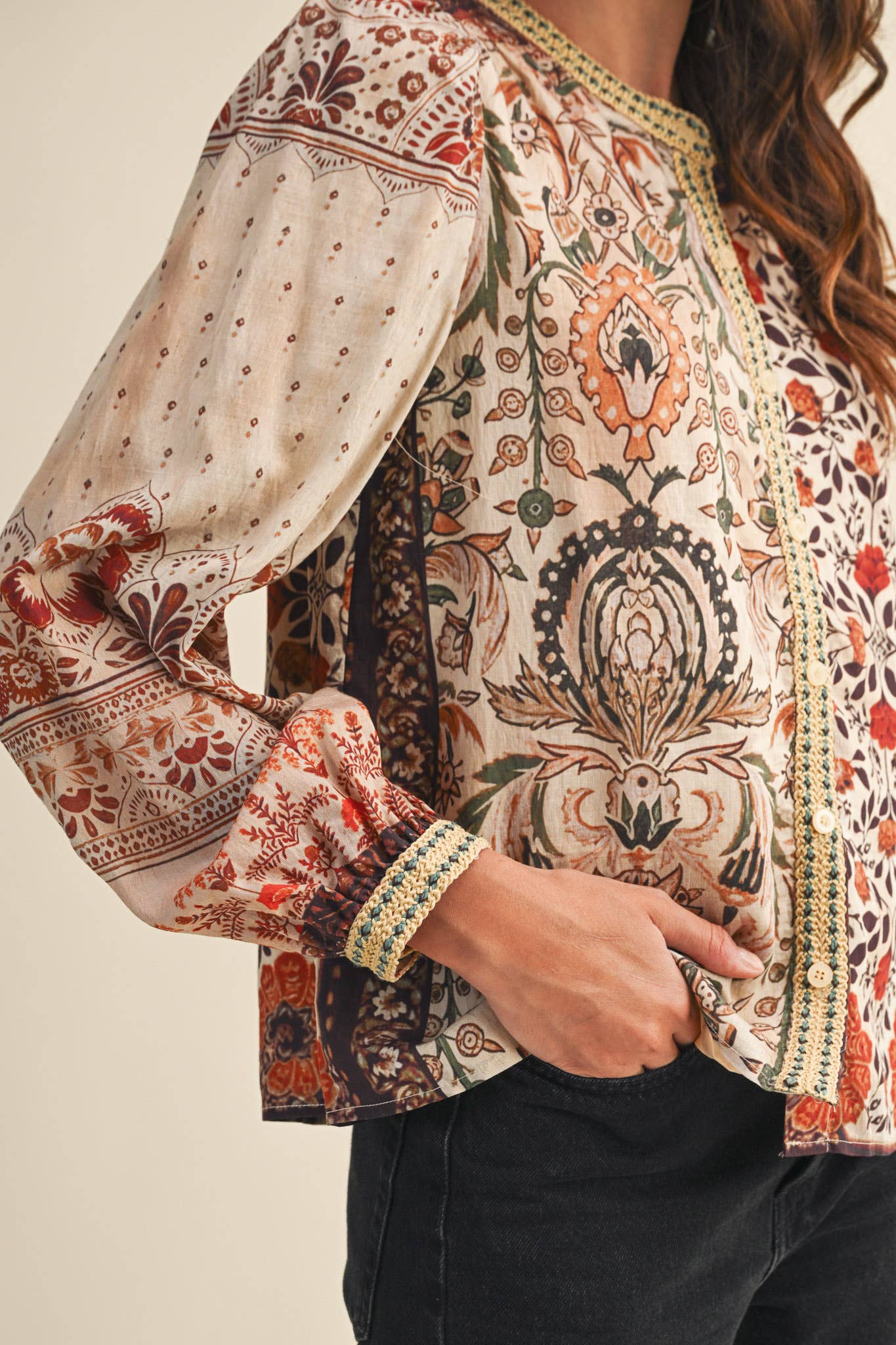 PATCHWORK PRINT CROCHET TRIM BUTTON DOWN TOP MTP4382