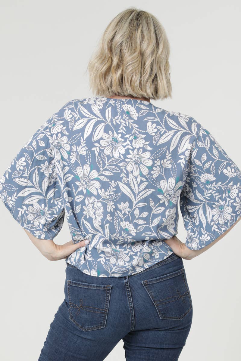 V-neck Blue and Turquoise Floral Tie Waist Top