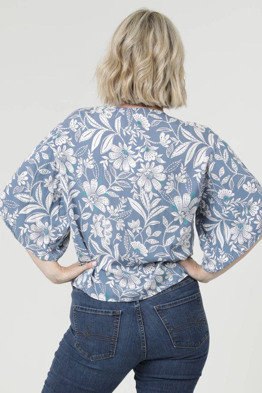 V-neck Blue and Turquoise Floral Tie Waist Top