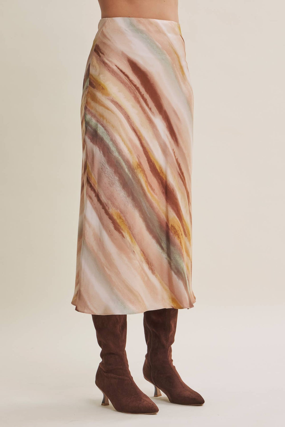 Fall Watercolor Abstract Satin Bias Midi Skirt