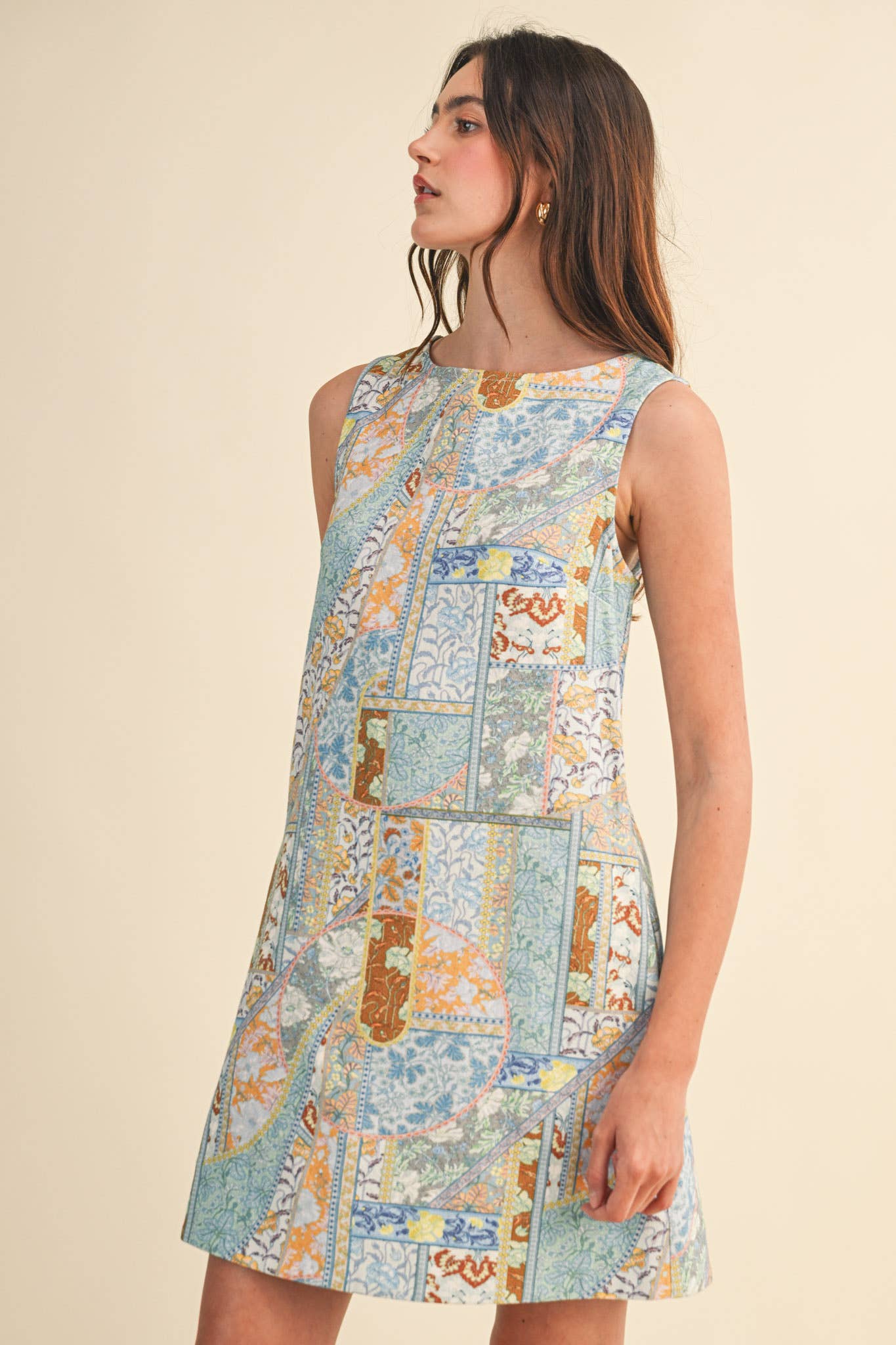 PATCHWORK PRINT DENIM SHIFT MINI DRESS MDR4743