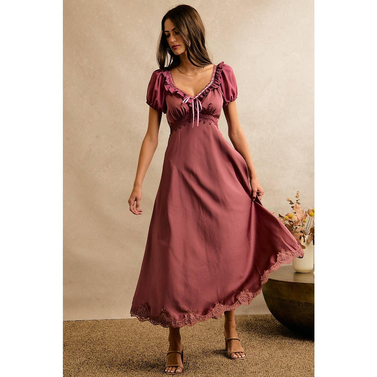 V NECK RUFFLE SLIP SATIN MAXI DRESS