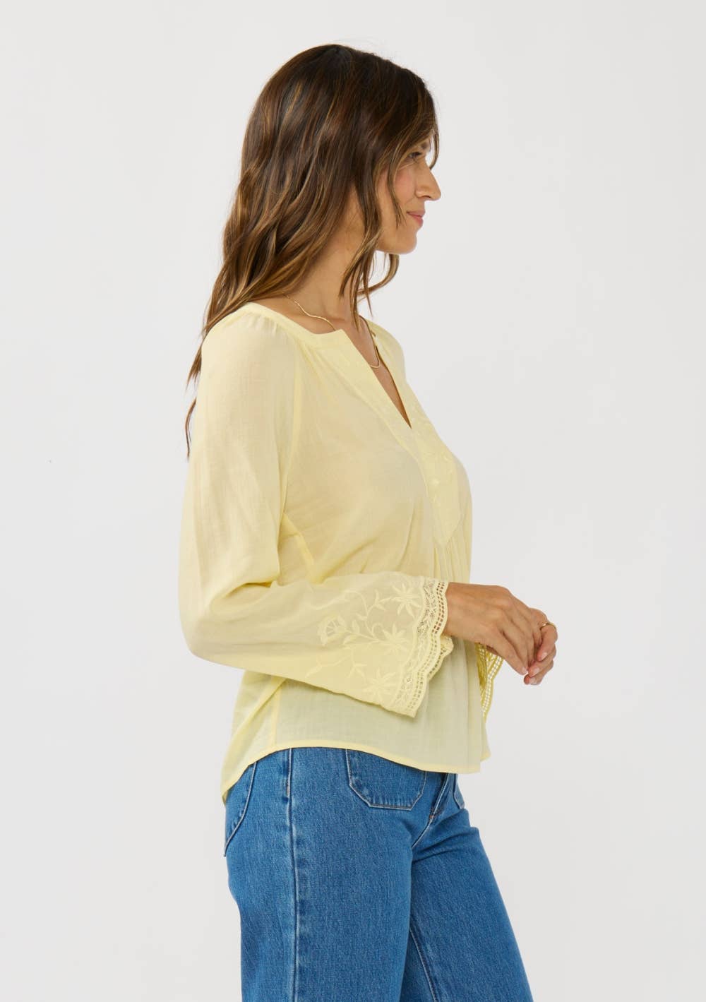 Raglan Bell Sleeve Split Neck Embroidered Blouse-Butter Yellow