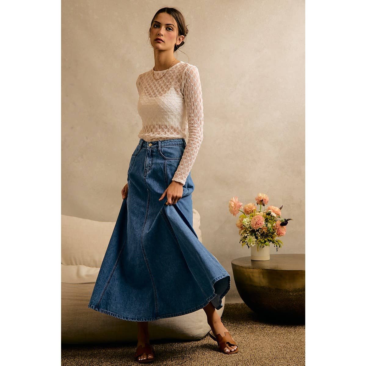 PLEATED DENIM WASHED WIDE FLOWY FIT MAXI SKIRT