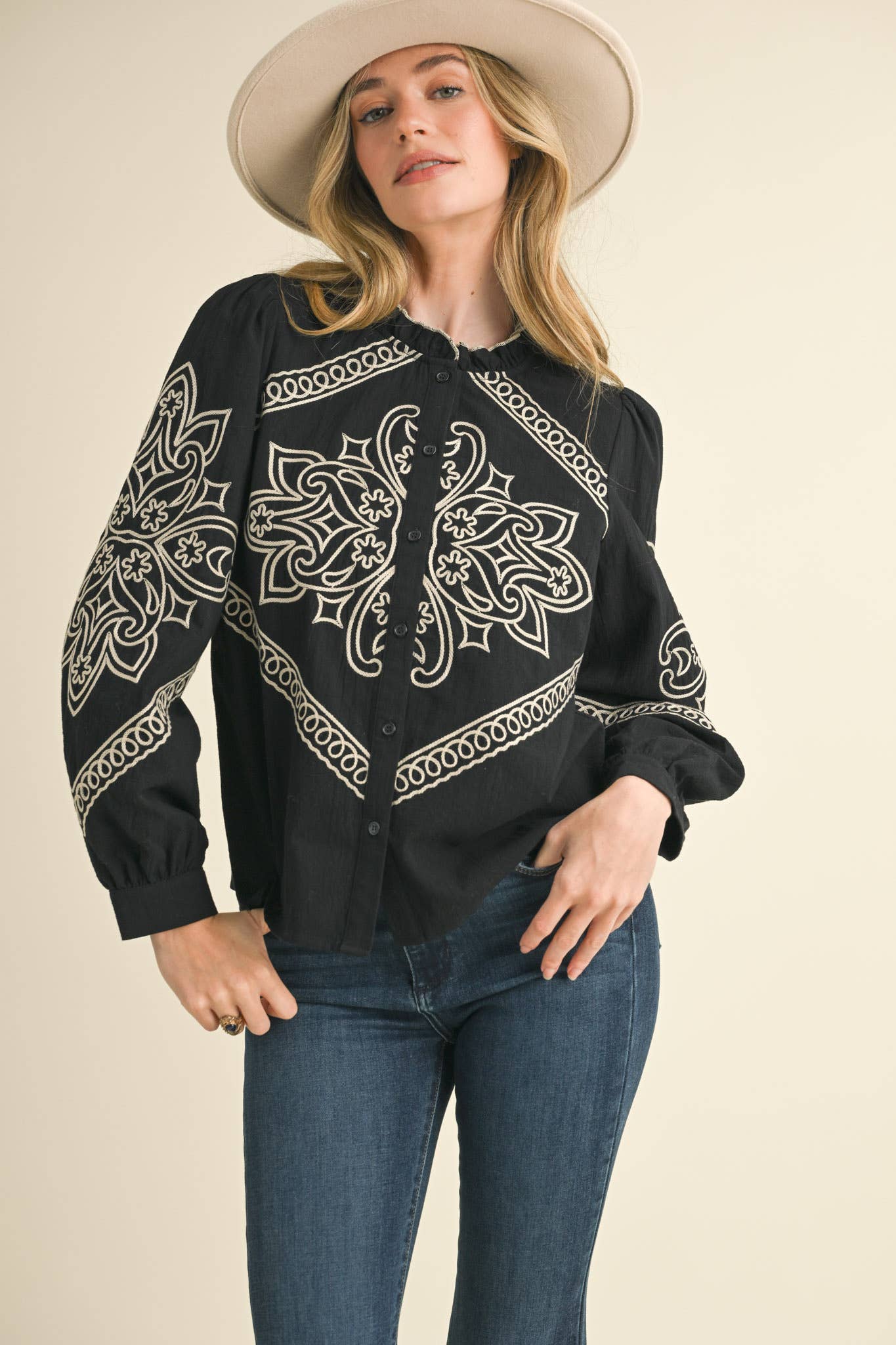 EMBROIDERED MOCK NECK BUTTON UP TOP MTP3336