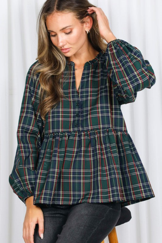 Green Plaid Peplum Button-up Top