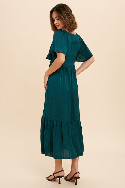 Emerald Green Satin Smocked Midi Dress