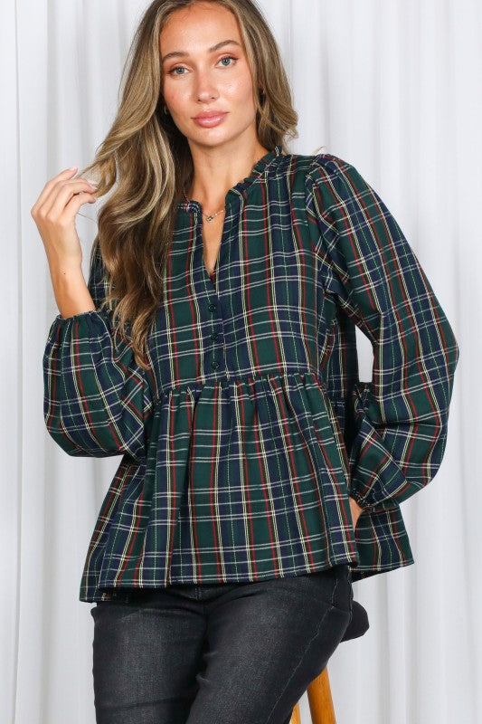 Green Plaid Peplum Button-up Top