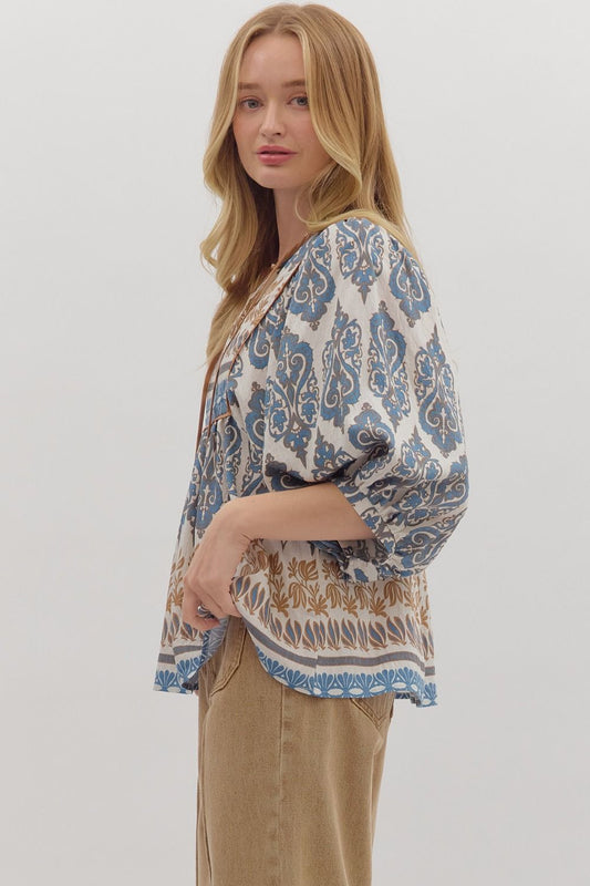 Boho Blue Mixed Print Top
