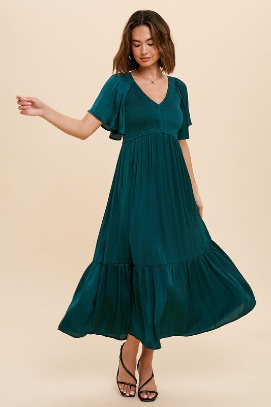 Emerald Green Satin Smocked Midi Dress