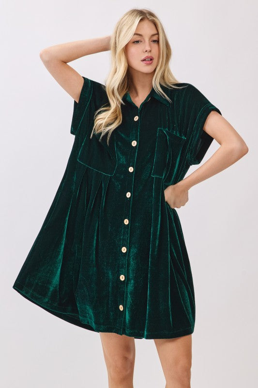 Hunter Green Velvet Shirt Dress