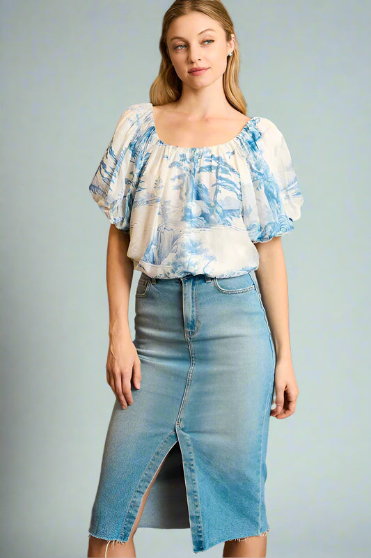 Blue Toil Balloon Sleeve Top