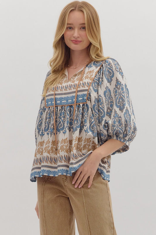 Boho Blue Mixed Print Top