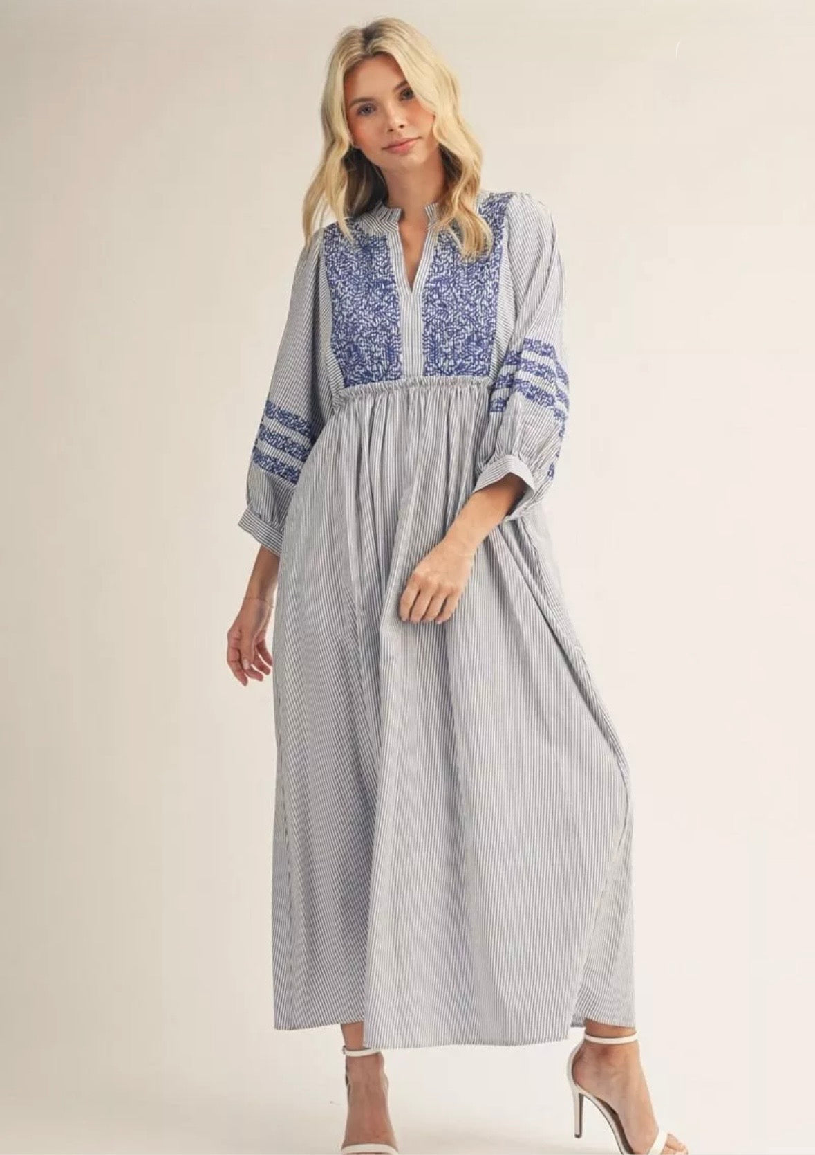 Blue Striped Midi Dress with Embroidery