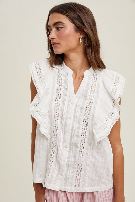 White Cotton Eyelet and Lace Top