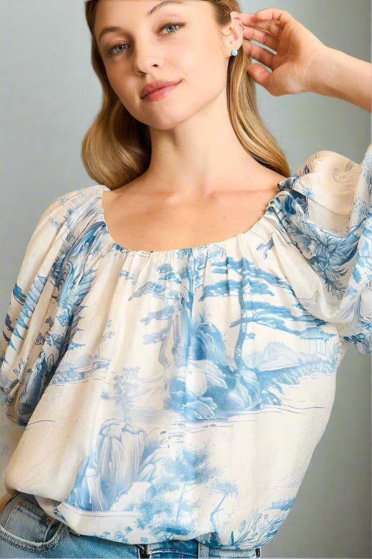 Blue Toil Balloon Sleeve Top