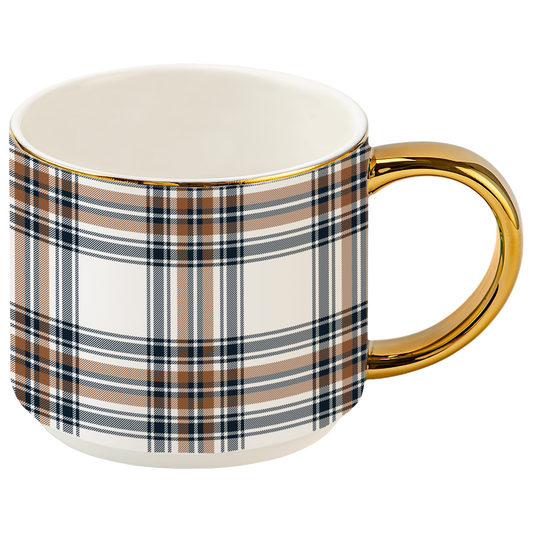 Orange Navy Plaid 14 oz Gold Handle Coffee Mug