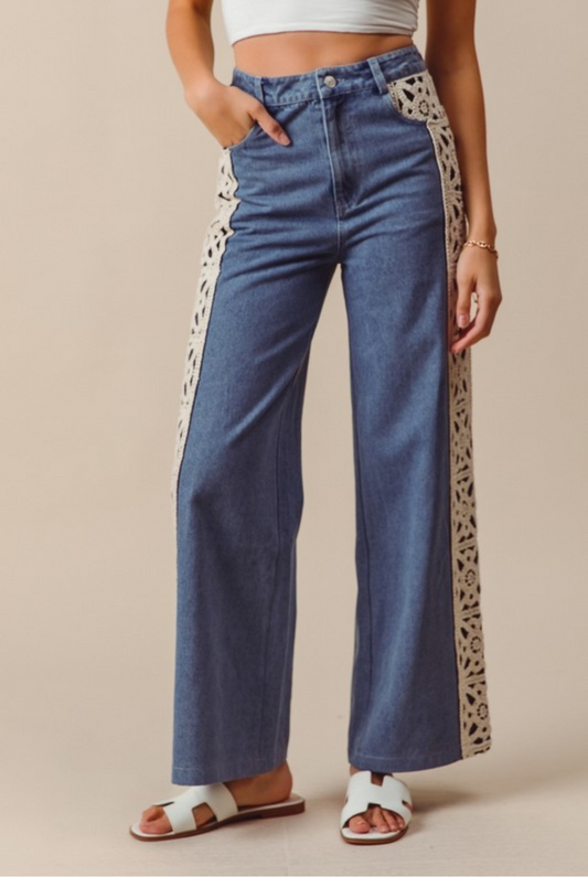 Crochet Side Panel Wide Leg Jeans