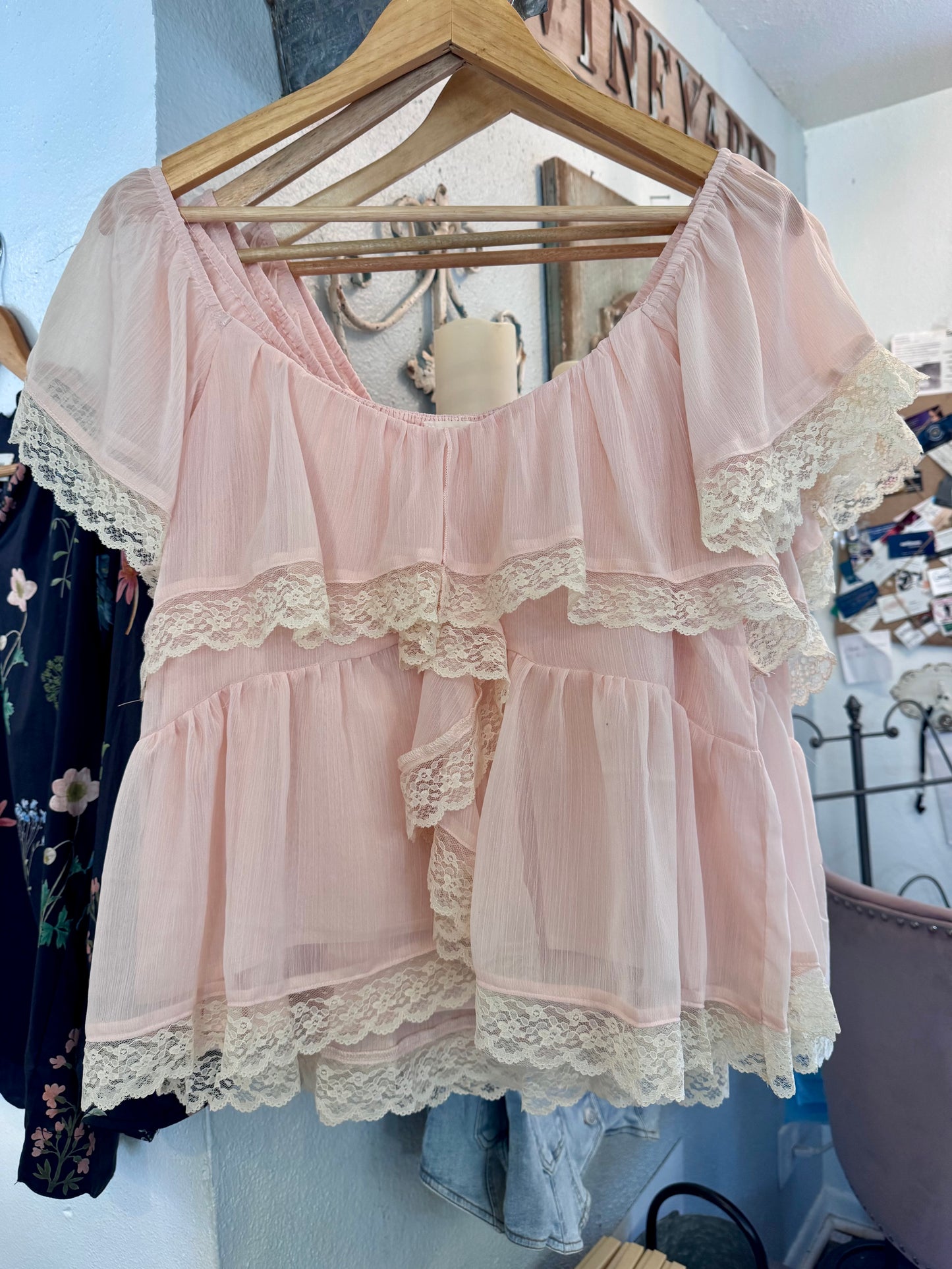 Pale Blush Ruffle and Lace Top