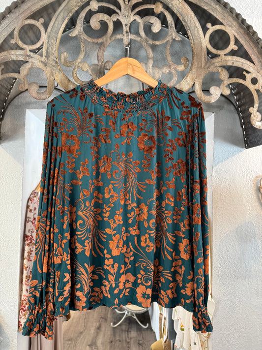 Dark Green & Rust Burnout Velvet Top