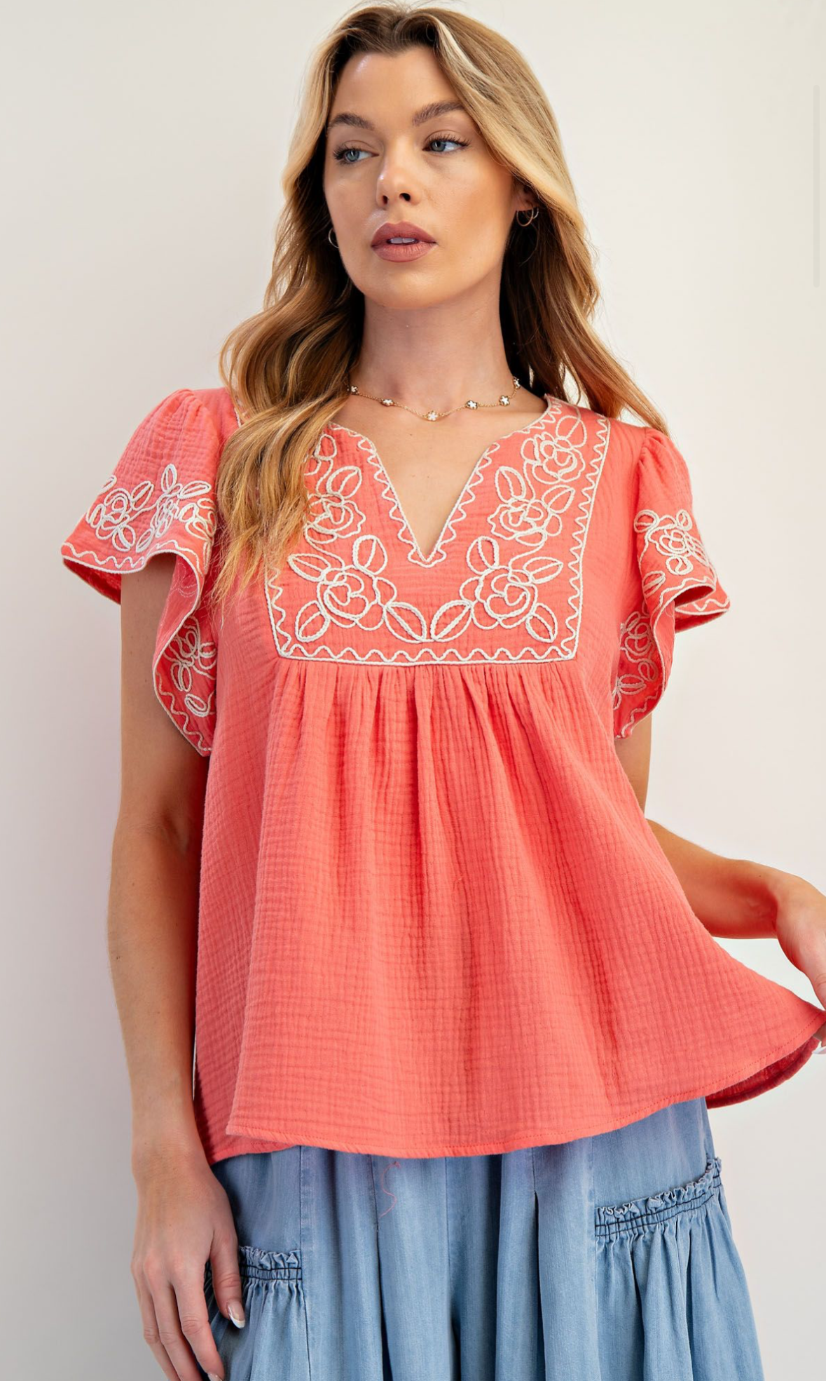 Coral Gauze Embroidered Top
