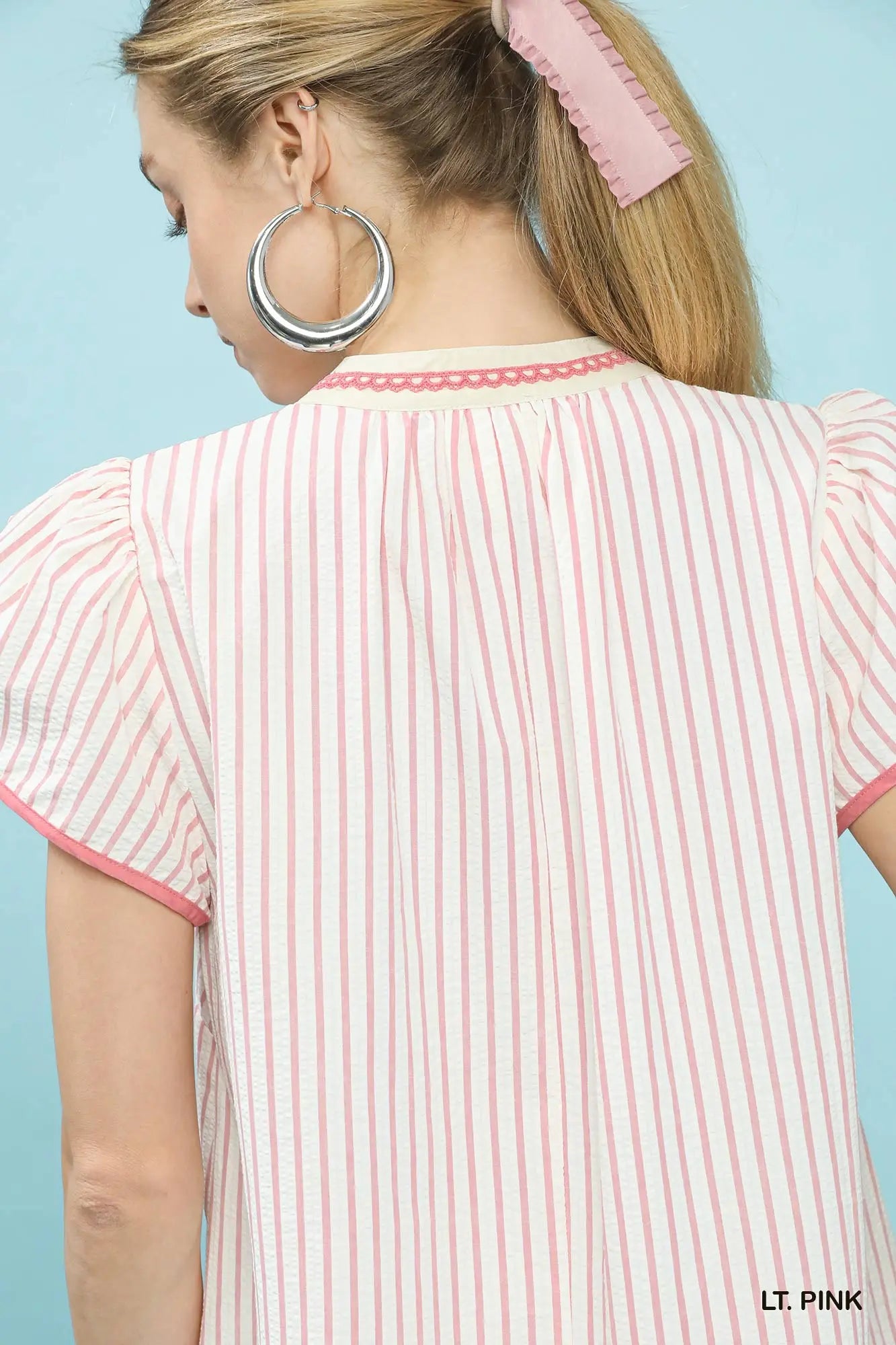 Striped Seersucker Appliqué Top-Pink