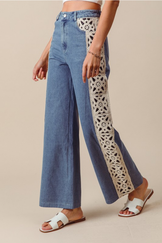 Crochet Side Panel Wide Leg Jeans