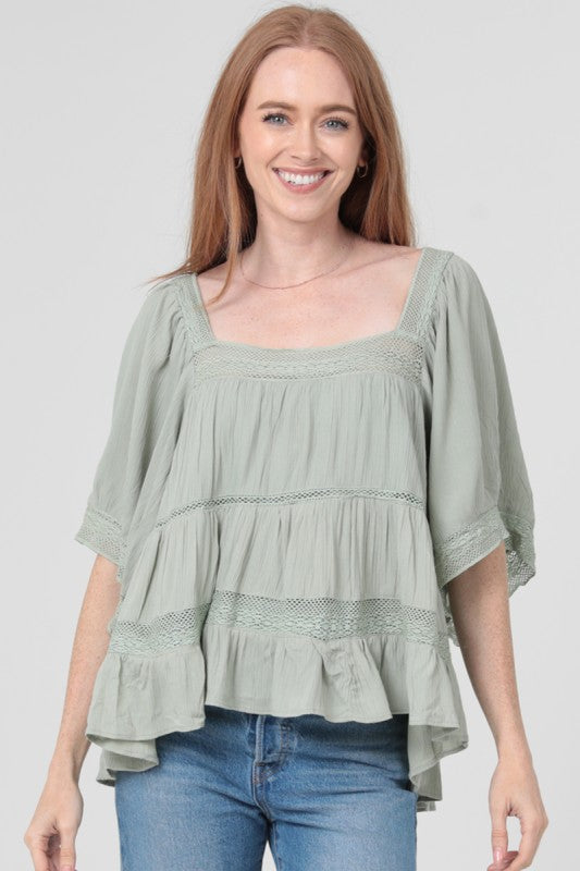 Lace Trim Square Neck Top-Sage