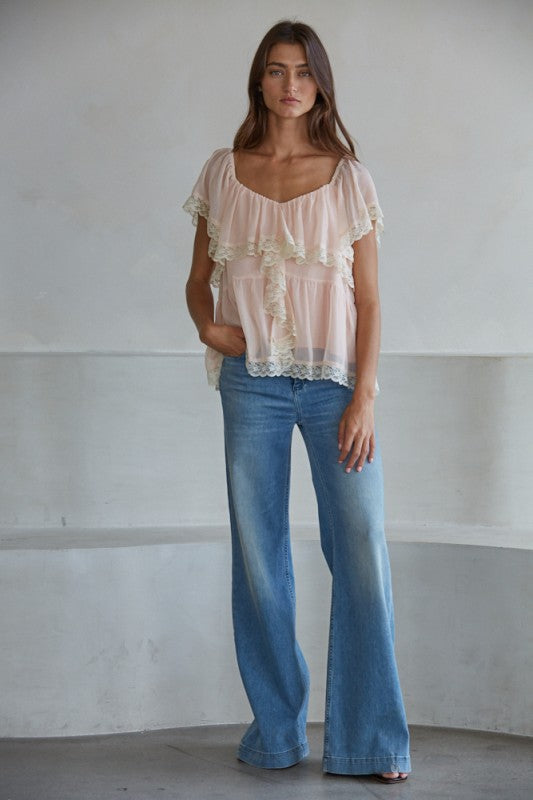 Pale Blush Ruffle and Lace Top