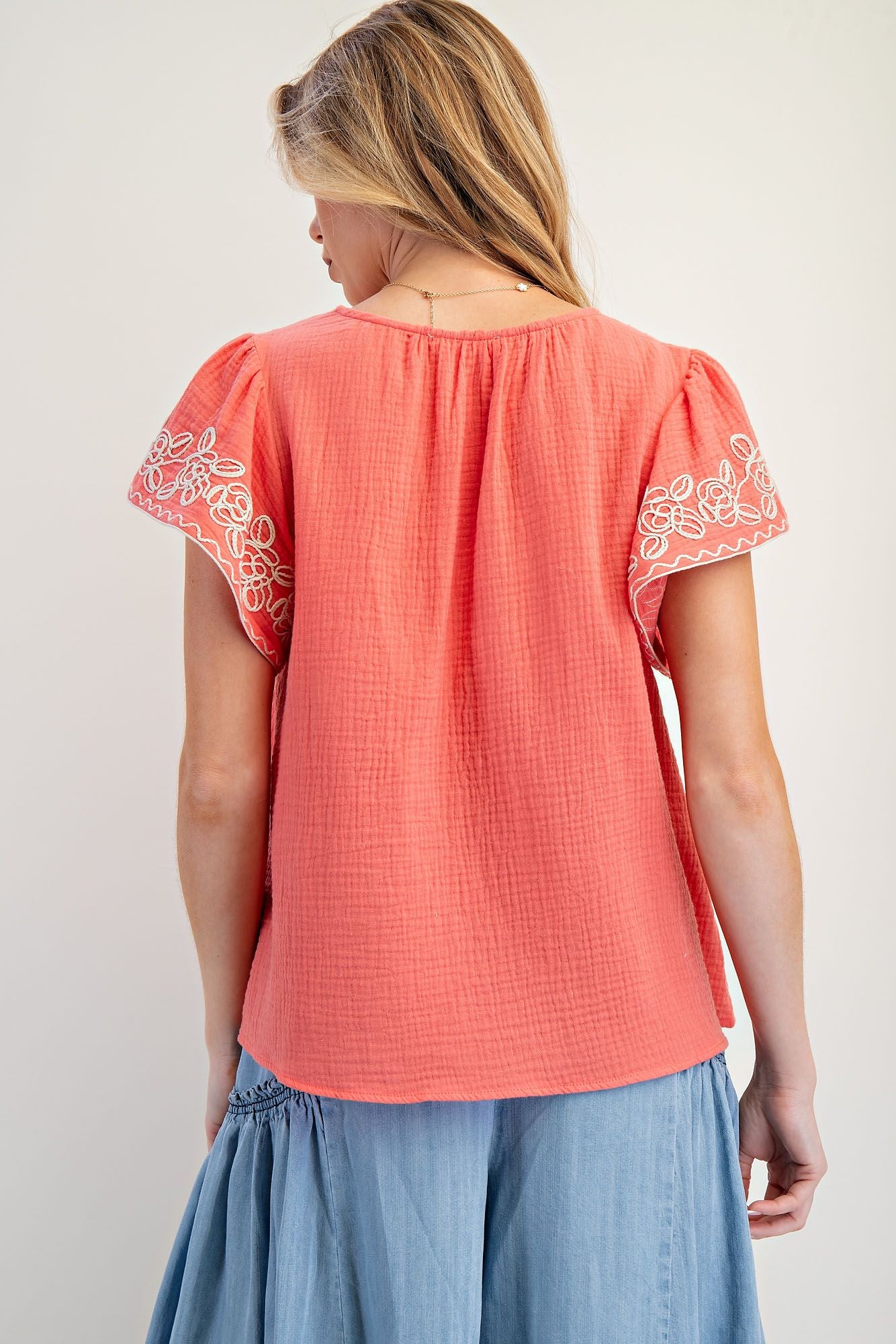 Coral Gauze Embroidered Top