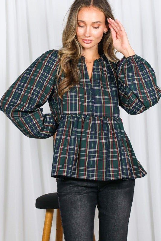 Green Plaid Peplum Button-up Top