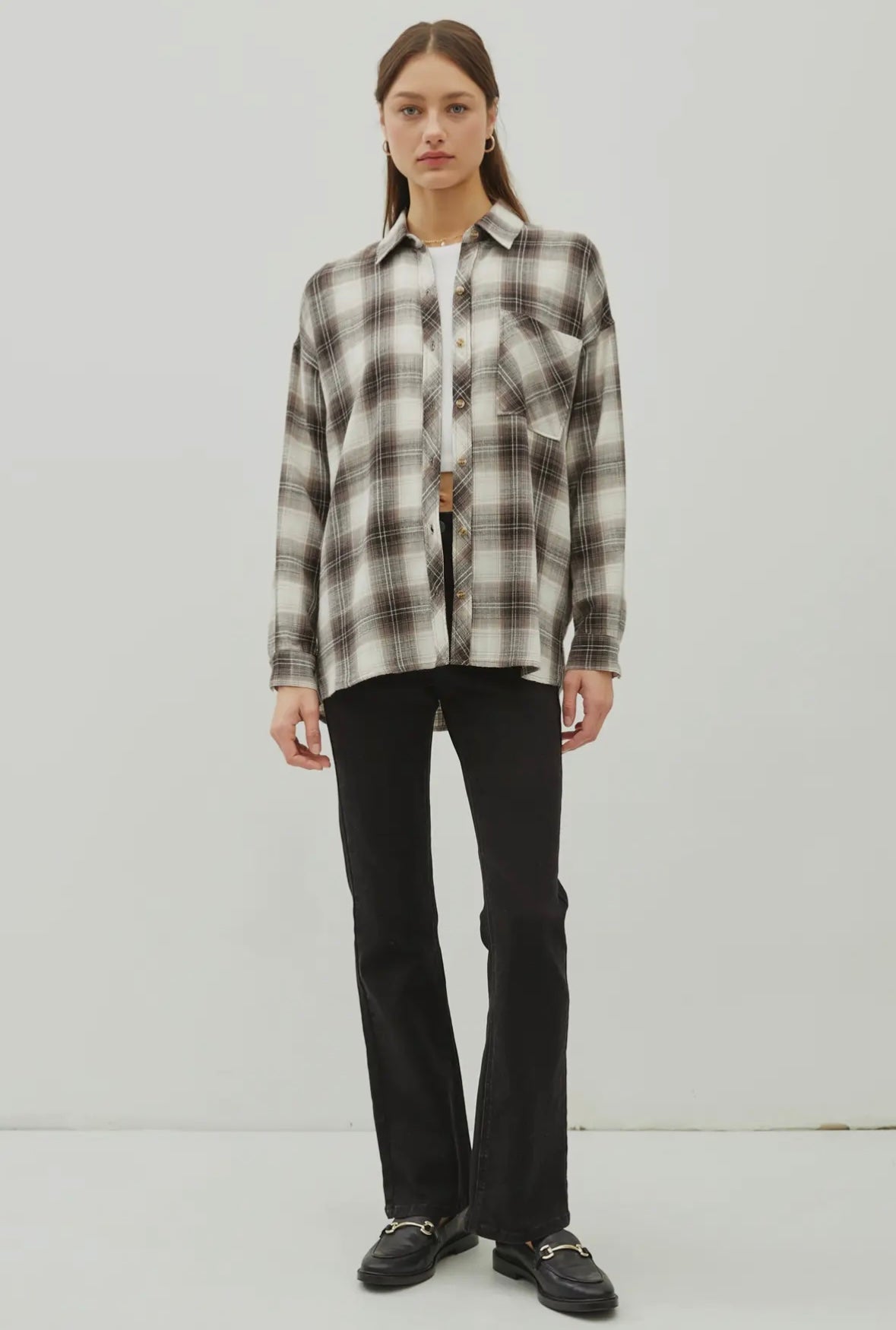 Charcoal and Chocolate Brown Vintage Plaid Button-up