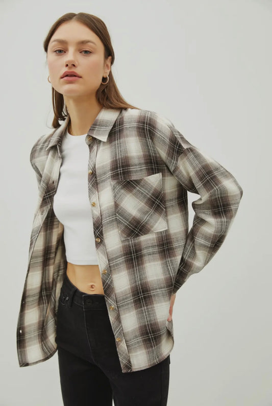 Charcoal and Chocolate Brown Vintage Plaid Button-up