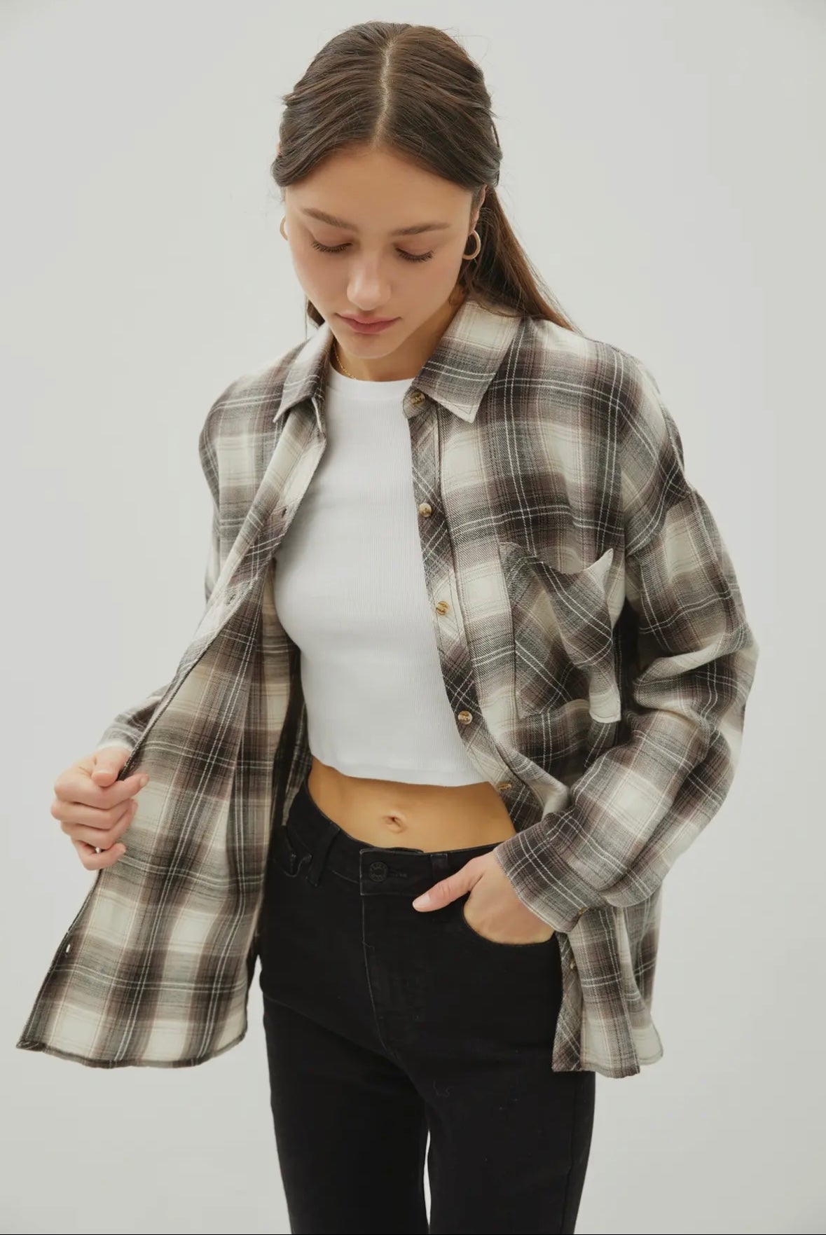 Charcoal and Chocolate Brown Vintage Plaid Button-up