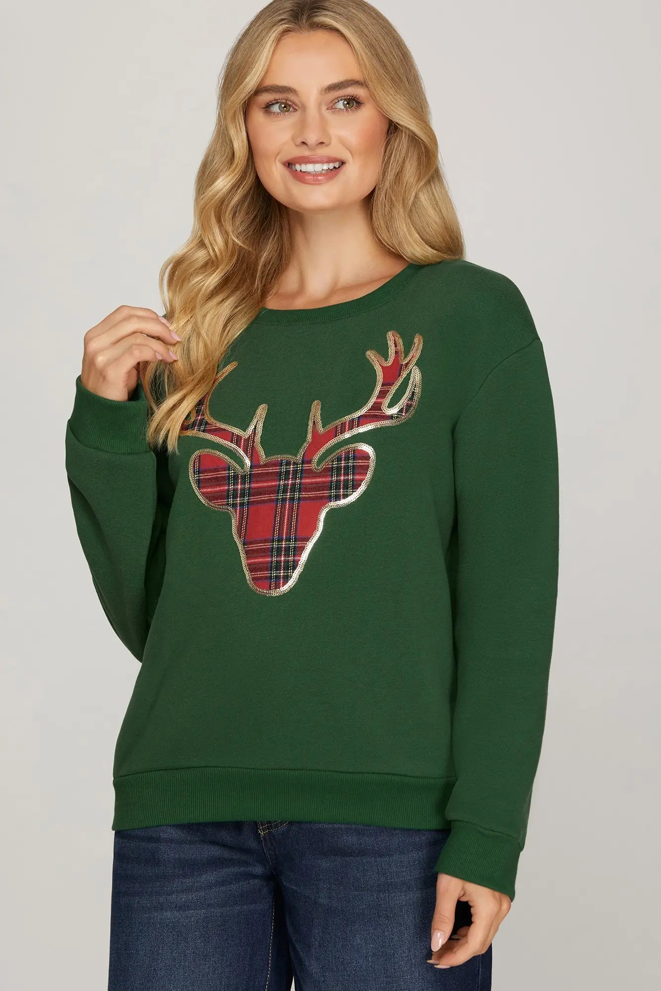 Green & Red Plaid Reindeer Sweatshirt
