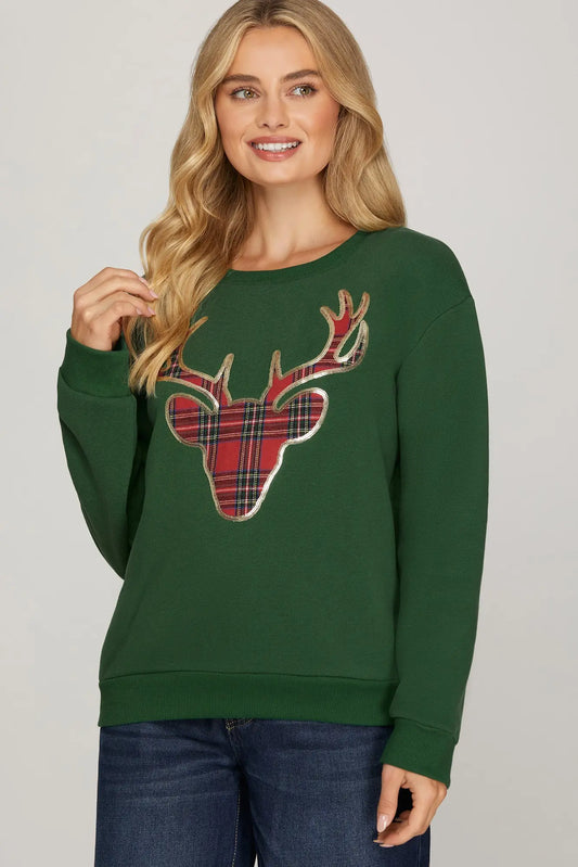 Green & Red Plaid Reindeer Sweatshirt