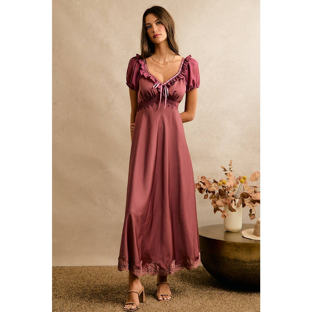 V NECK RUFFLE SLIP SATIN MAXI DRESS