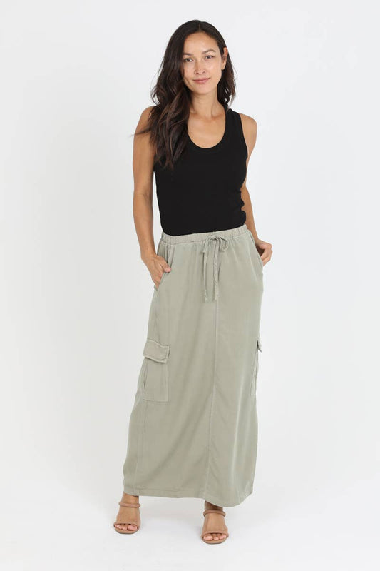 Tencel Cargo Pocket Maxi Skirt-Olive