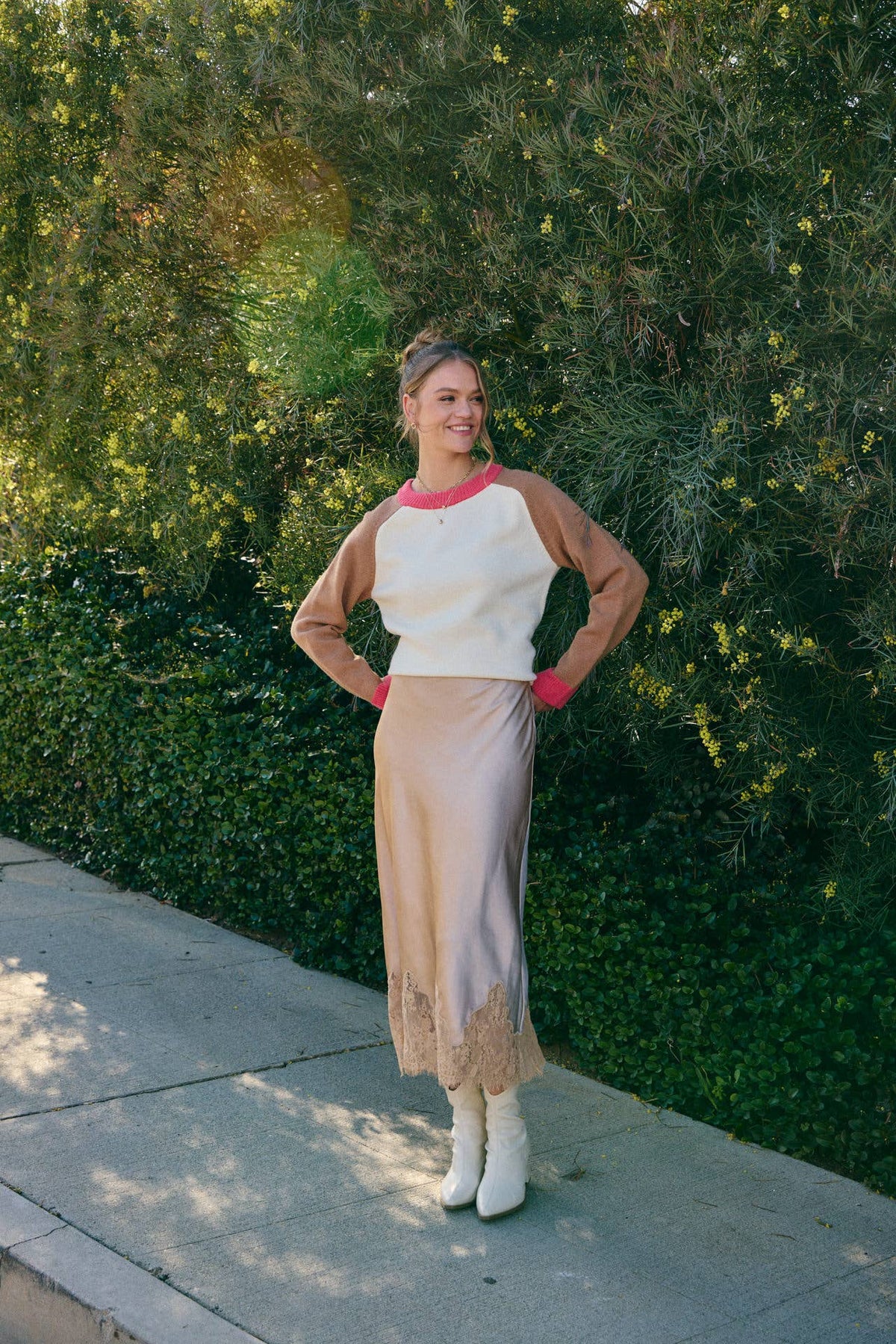 Champagne and French Lace Satin Midi Skirt