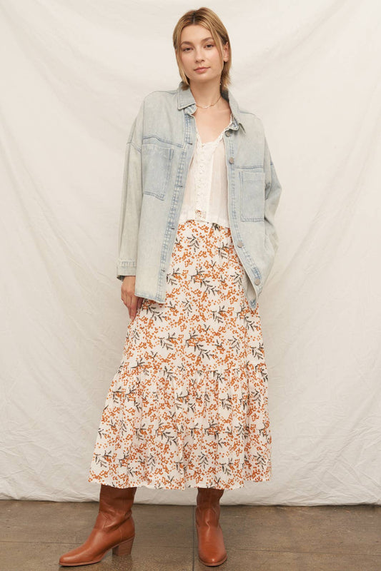 Ivory & Rust Floral Tiered Maxi Skirt