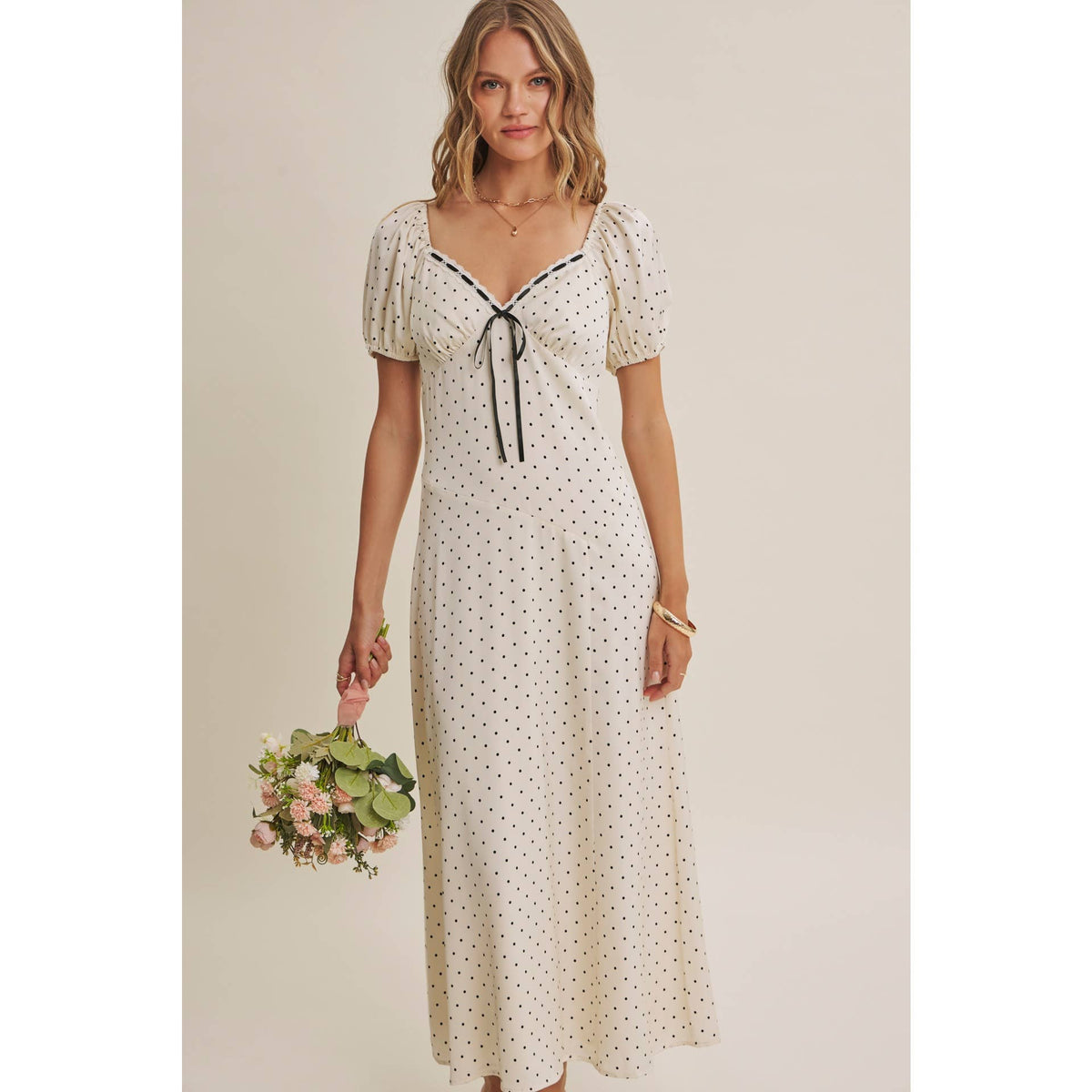 Vintage Paris Flowy Fit & Flare Polka Dot Satin Midi Dress-Ivory/Black