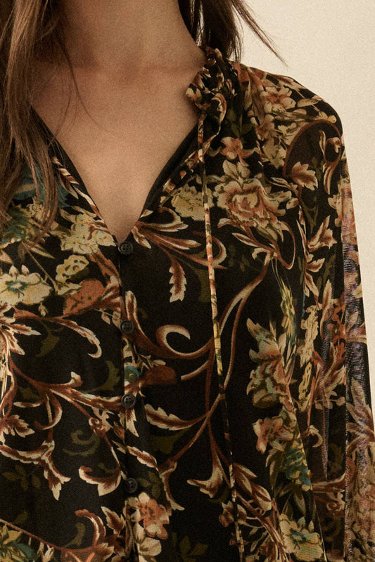 Floral-Print Mesh V-Neck Buttoned Ruffle-Cuff Top