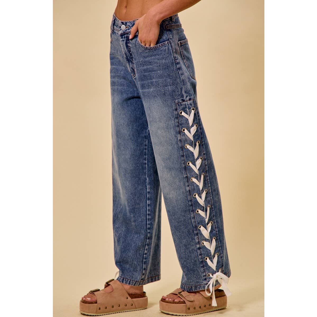 MID RISE STRAIGHT LEG DENIM SIDE LACE UP JEANS