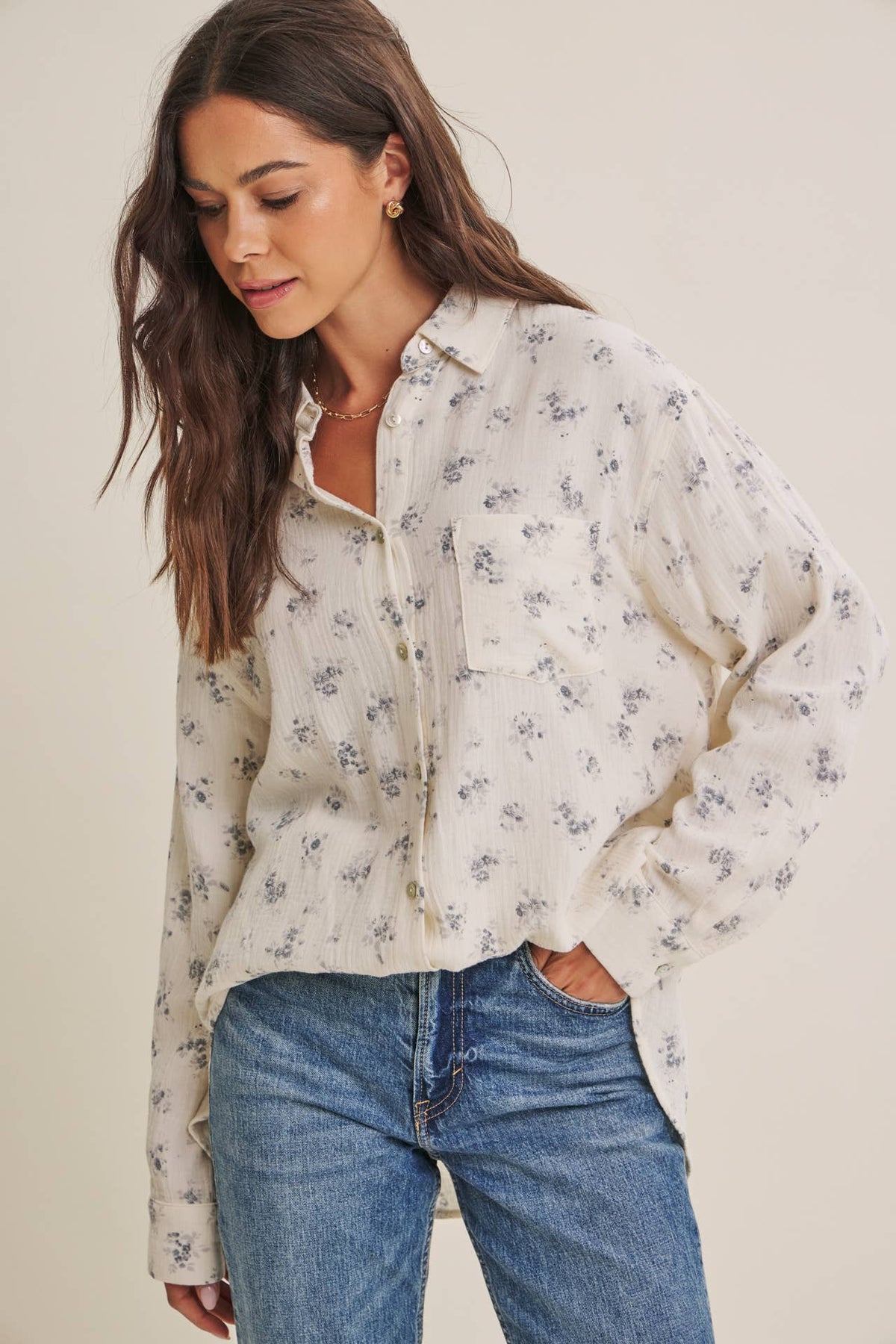 SOFT BREEZE FLORAL COTTON GAUZE RELAXED FIT SHIRT
